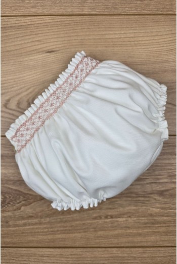 BRAGUITA VIELLA EN CRUDO BORDADA EN PUNTO SMOCK ROSA PALO. ARTESANÍA CARMINA. INVIERNO 26.
