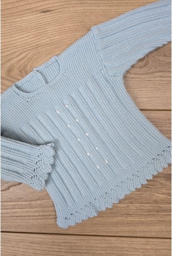 JERSEY BODOQUES BORDADOS A MANO DE ARTESANÍA CARMINA, CELESTE/BLANCO. INVIERNO 26. 2