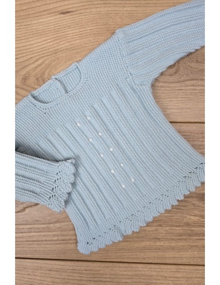 JERSEY BODOQUES BORDADOS A MANO DE ARTESANÍA CARMINA, CELESTE/BLANCO. INVIERNO 26.
