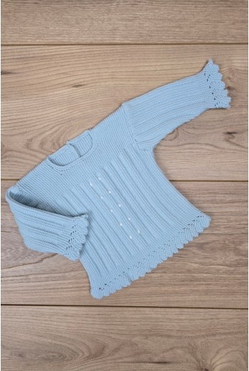 JERSEY BODOQUES BORDADOS A MANO DE ARTESANÍA CARMINA, CELESTE/BLANCO. INVIERNO 26.