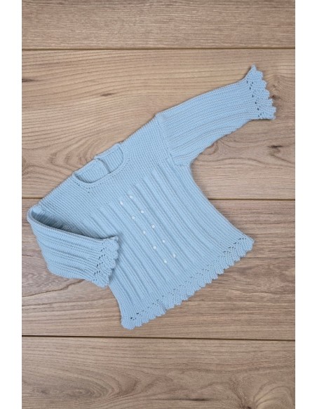 JERSEY BODOQUES BORDADOS A MANO DE ARTESANÍA CARMINA, CELESTE/BLANCO. INVIERNO 26.