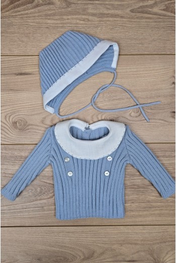 JERSEY Y CAPOTA BORDADOS A MANO DE ARTESANÍA CARMINA, AZUL INGLÉS/BLANCO. INVIERNO 26.