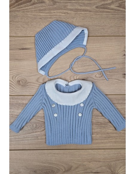 JERSEY Y CAPOTA BORDADOS A MANO DE ARTESANÍA CARMINA, AZUL INGLÉS/BLANCO. INVIERNO 26.