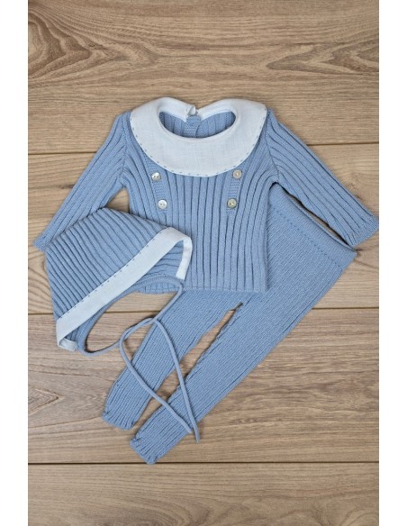 JERSEY Y CAPOTA BORDADOS A MANO DE ARTESANÍA CARMINA, AZUL INGLÉS/BLANCO. INVIERNO 26.