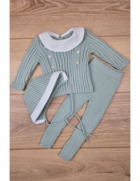 JERSEY Y CAPOTA BORDADOS A MANO DE ARTESANÍA CARMINA, VERDE AGUA/BLANCO. INVIERNO 26.