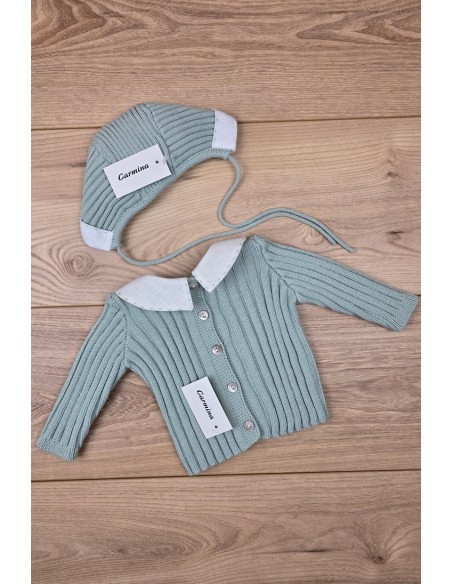 JERSEY Y CAPOTA BORDADOS A MANO DE ARTESANÍA CARMINA, VERDE AGUA/BLANCO. INVIERNO 26.