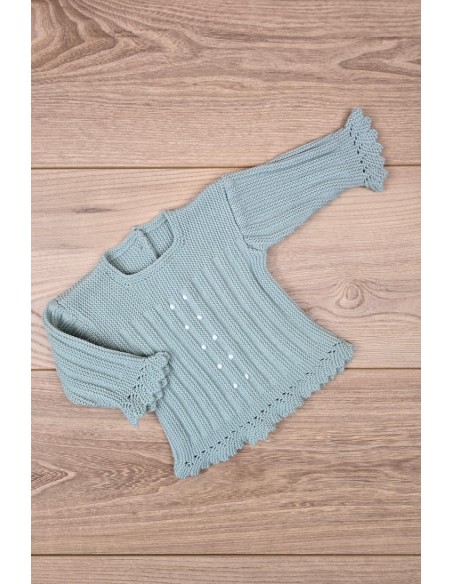 JERSEY BODOQUES BORDADOS A MANO DE ARTESANÍA CARMINA, VERDE AGUA. INVIERNO 26.