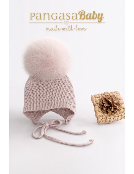 GORRO OREJERO PANGASA POMPÓN NATURAL, ROSA VINTAGE. INVIERNO 26.