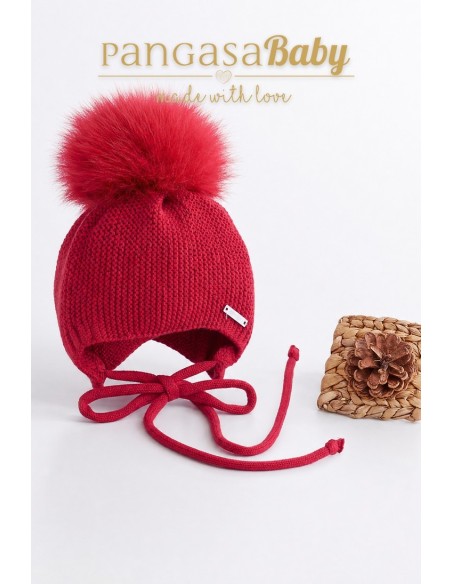 GORRO OREJERO PANGASA POMPÓN NATURAL, CEREZA. INVIERNO 26.