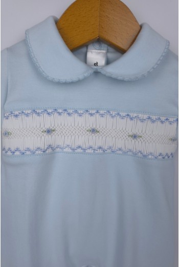 PIJAMA PUNTO SMOCK FLOR, CELESTE. INVIERNO 26. 2