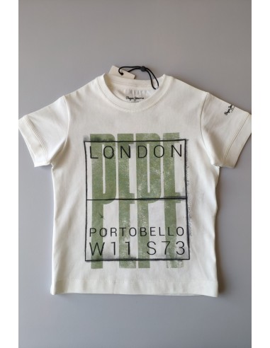CAMISETA NIÑO EN COLOR CRUDO CON LOGO VERDE DE PEPE JEANS.
