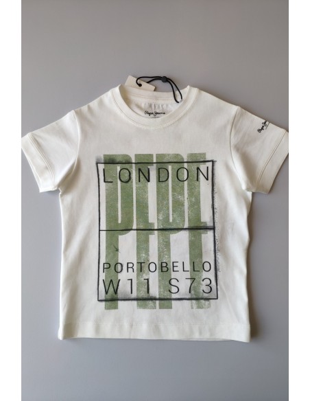 CAMISETA NIÑO EN COLOR CRUDO CON LOGO VERDE DE PEPE JEANS.