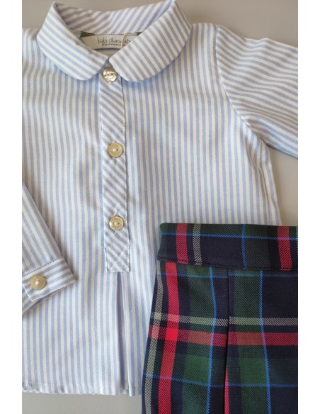 Conjunto camisa bebé rayas Oxford y braga Tartán.KID'S CHOCOLATE. Invierno 2019