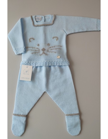 CONJUNTO JUBÓN Y POLAINA GATITO, CELESTE/GRIS.INVIERNO 2020.