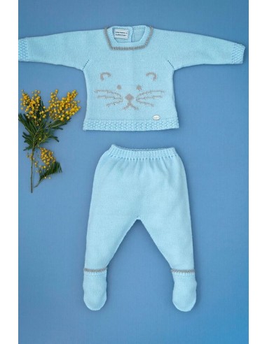 CONJUNTO JUBÓN Y POLAINA GATITO, CELESTE/GRIS.INVIERNO 2020.