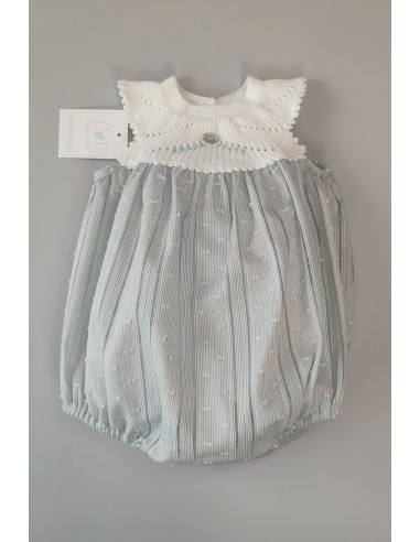 PELELE NIÑO CUERPO PUNTO Y TELA RAYAS, BLANCO/CELESTE NUDE. VERANO21