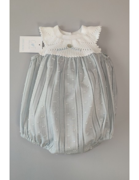 PELELE NIÑO CUERPO PUNTO Y TELA RAYAS, BLANCO/CELESTE NUDE. VERANO21