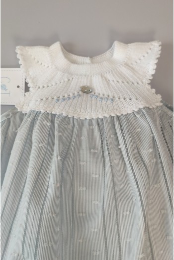 PELELE NIÑO CUERPO PUNTO Y TELA RAYAS, BLANCO/CELESTE NUDE. VERANO21 2