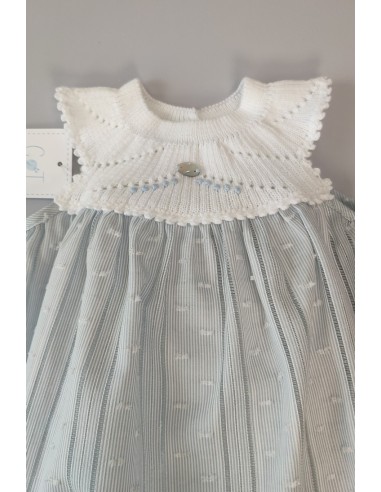 PELELE NIÑO CUERPO PUNTO Y TELA RAYAS, BLANCO/CELESTE NUDE. VERANO21