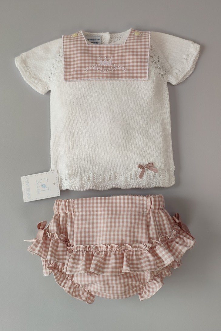 JERSEY NIÑA CON CUBREPAÑAL VICHY,BLANCO/ROSA NUDE. VERANO 21