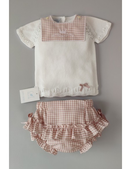 JERSEY NIÑA CON CUBREPAÑAL VICHY,BLANCO/ROSA NUDE. VERANO 21