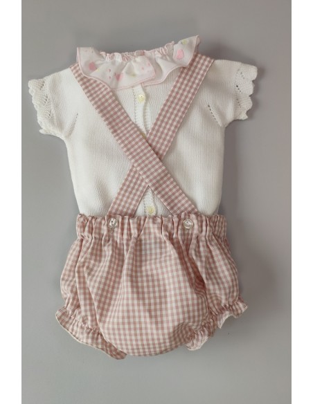 JERSEY NIÑA CON CUBREPAÑAL TIRANTES VICHY,BLANCO/ROSA NUDE. VERANO 21