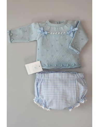 CONJUNTO JERSEY MANGA LARGA Y BRAGUITA TELA VICHY,CELESTE NUDE. VERANO 21
