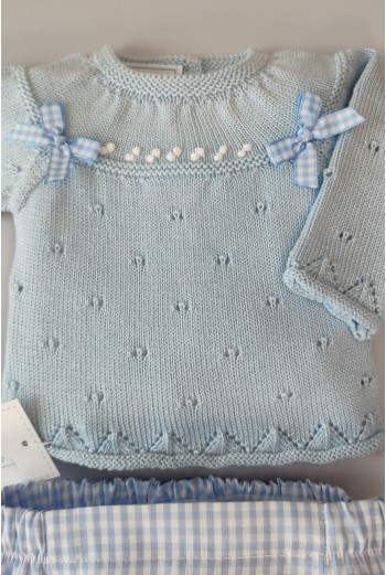 CONJUNTO JERSEY MANGA LARGA Y BRAGUITA TELA VICHY,CELESTE NUDE. VERANO 21 2