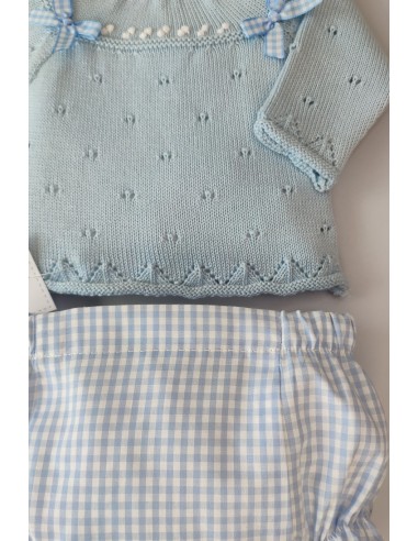 CONJUNTO JERSEY MANGA LARGA Y BRAGUITA TELA VICHY,CELESTE NUDE. VERANO 21