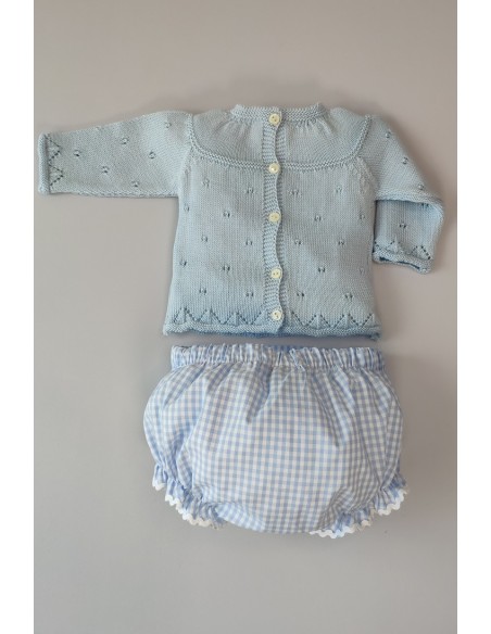 CONJUNTO JERSEY MANGA LARGA Y BRAGUITA TELA VICHY,CELESTE NUDE. VERANO 21
