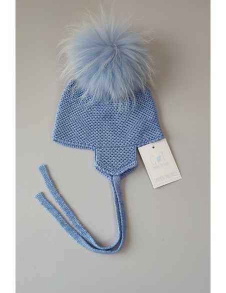 GORRO AVIADOR POMPON PELO NATURAL,CELESTE ITALIANO.INVIERNO 21.