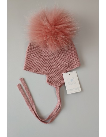 GORRO AVIADOR POMPON PELO NATURAL,ROSA ITALIANO.INVIERNO 21.