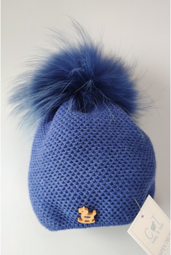 GORRO UNISEX CABALLITO CON POMPON DE PELO NATURAL,AZULINA. INVIERNO 21. 2