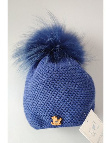 GORRO UNISEX CABALLITO CON POMPON DE PELO NATURAL,AZULINA. INVIERNO 21.