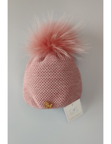 GORRO UNISEX CABALLITO CON POMPON DE PELO NATURAL,ROSA ITALIANO.INVIERNO 21.