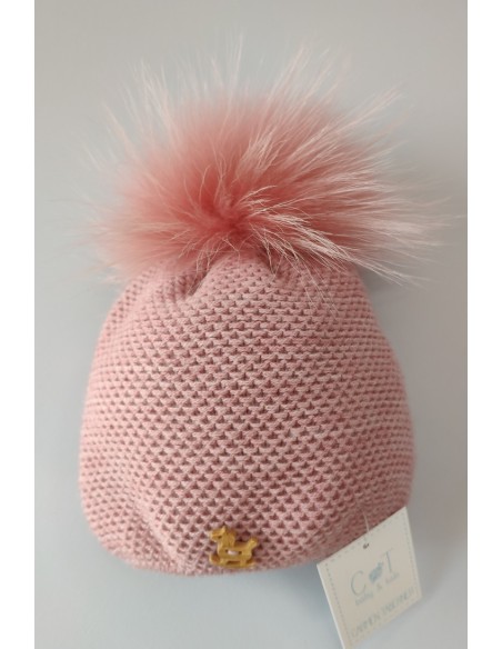 GORRO UNISEX CABALLITO CON POMPON DE PELO NATURAL,ROSA ITALIANO.INVIERNO 21.