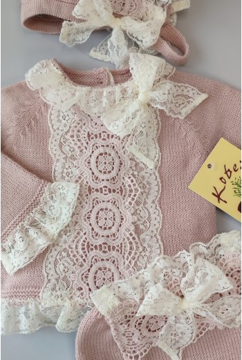 CONJUNTO NIÑA DE PUNTO (3 PIEZAS),ROSA EMPOLVADO. INVIERNO. 2