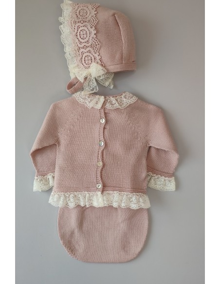 CONJUNTO NIÑA DE PUNTO (3 PIEZAS),ROSA EMPOLVADO. INVIERNO.