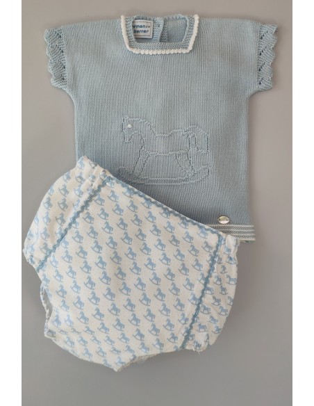 CONJUNTO NIÑO JERSEY CABALLITO Y CUBREPAÑAL, CELESTE NUDE. VERANO 22.