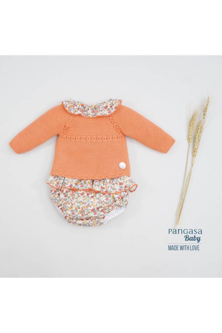 CONJUNTO NIÑA  MANGA LARGA "PARIS" DE PANGASA BABY, NARANJA. VERANO 22.