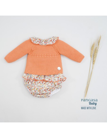 CONJUNTO NIÑA  MANGA LARGA "PARIS" DE PANGASA BABY, NARANJA. VERANO 22.