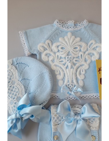 CONJUNTO BEBÉ UNISEX DE PERLÉ, CELESTE. INCLUYE BRAGA Y CAPOTA.VERANO.