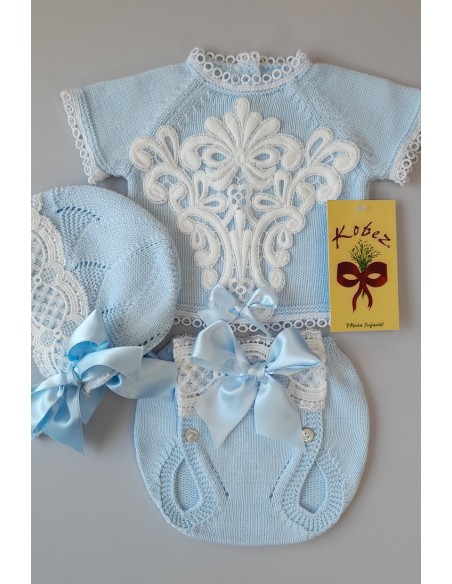 CONJUNTO BEBÉ UNISEX DE PERLÉ, CELESTE. INCLUYE BRAGA Y CAPOTA.VERANO.