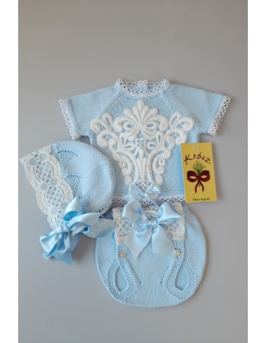 CONJUNTO BEBÉ UNISEX DE PERLÉ, CELESTE. INCLUYE BRAGA Y CAPOTA.VERANO.