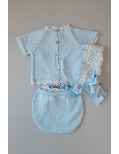 CONJUNTO BEBÉ UNISEX DE PERLÉ, CELESTE. INCLUYE BRAGA Y CAPOTA.VERANO.