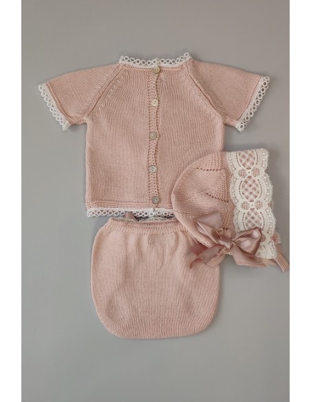 CONJUNTO BEBÉ NIÑA DE PERLÉ, ROSA EMPOLVADO. INCLUYE BRAGA Y CAPOTA. VERANO.