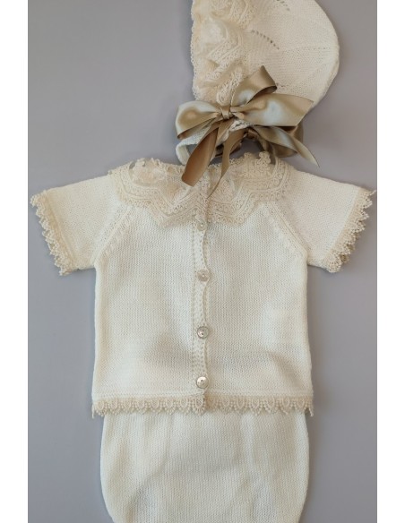 CONJUNTO BEBÉ NIÑA PERLÉ, BLANCO. INCLUYE BRAGA Y CAPOTA. VERANO.
