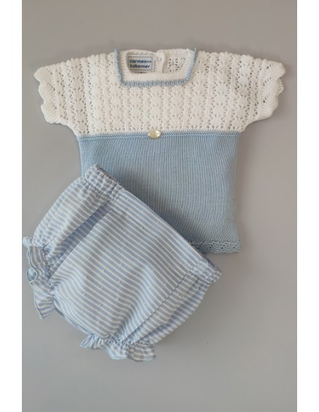 CONJUNTO NIÑO JERSEY Y CUBREPAÑAL RAYAS, BLANCO/CELESTE NUDE. VERANO 22.