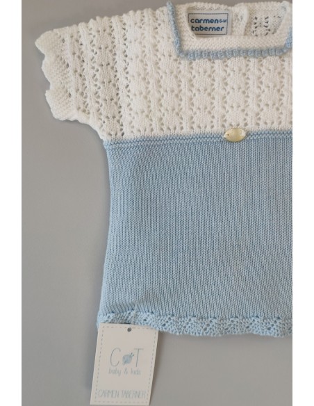 CONJUNTO NIÑO JERSEY Y CUBREPAÑAL RAYAS, BLANCO/CELESTE NUDE. VERANO 22.