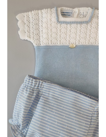CONJUNTO NIÑO JERSEY Y CUBREPAÑAL RAYAS, BLANCO/CELESTE NUDE. VERANO 22.